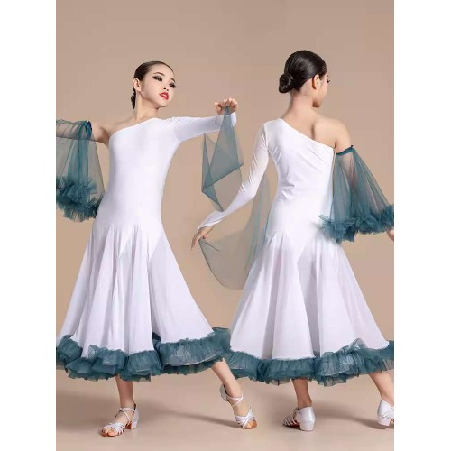 Girls white iwth blue ruffles flowy ballroom latin dance dresses for kids children slant neck one shoulder waltz tango flamenco dance long skirts for kids